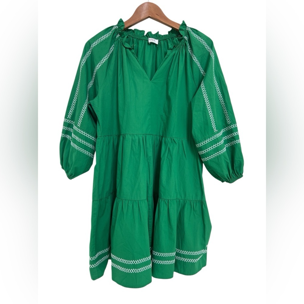 Green Tiered Peasant Dress with Embroidered Trim